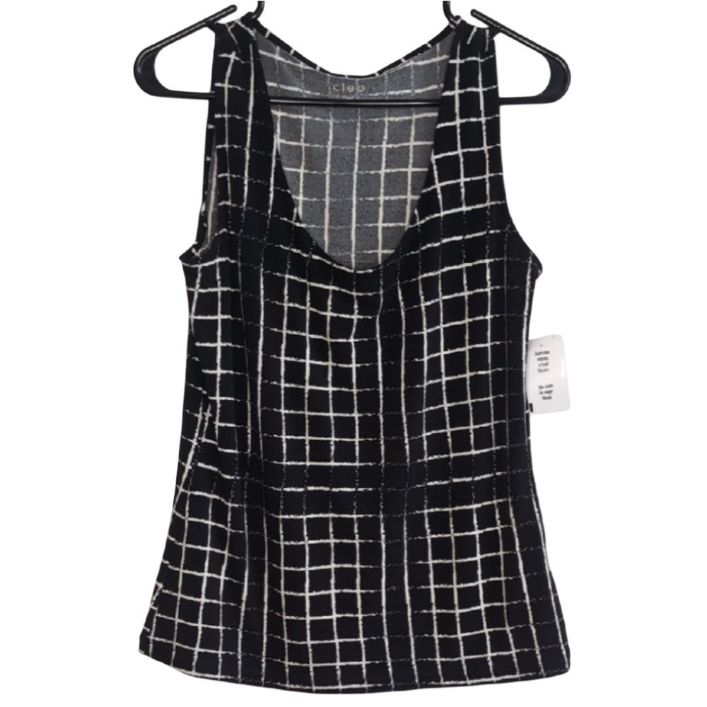 Cleo Women's Medium Black White Patterned Sleeveless Tank‎ Top Stretchy